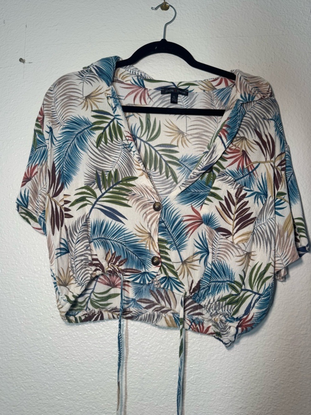 Moa Moa White Tropical Drawstring Crop Top with Blue, Green & Brown Palm Print